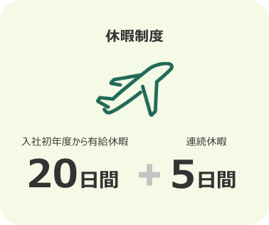 休暇制度 入社初年度から有給休暇20日間＋連続休暇5日間